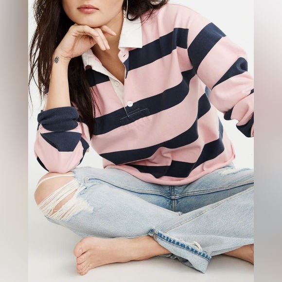 Abercrombie & Fitch Pink Navy Striped Rugby Cloth Cropped Y2K Shirt - Picture 1 of 9